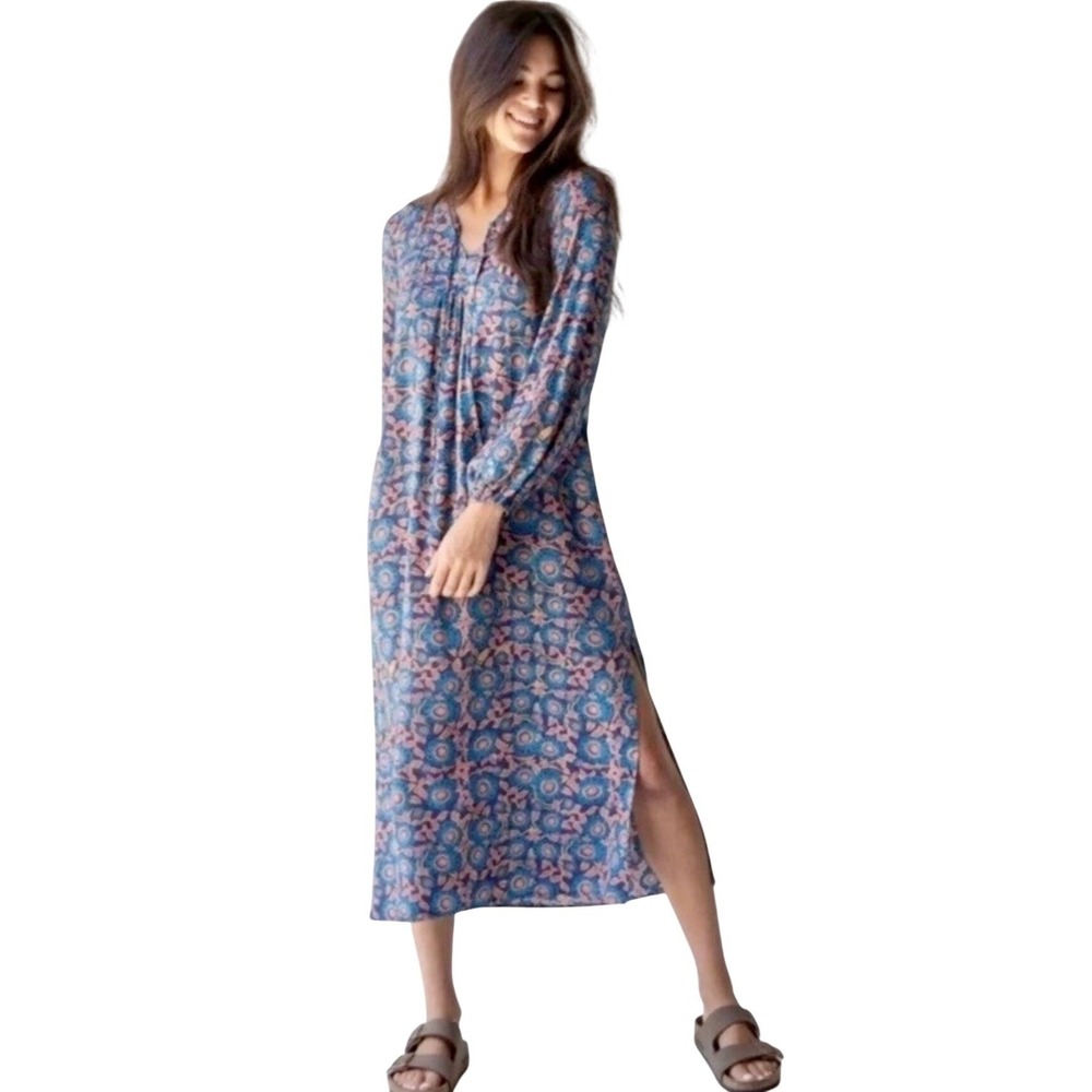 Natural Life Rowan Floral Long Sleeve Midi Dress Blue Pink Elevated Boho Hippie